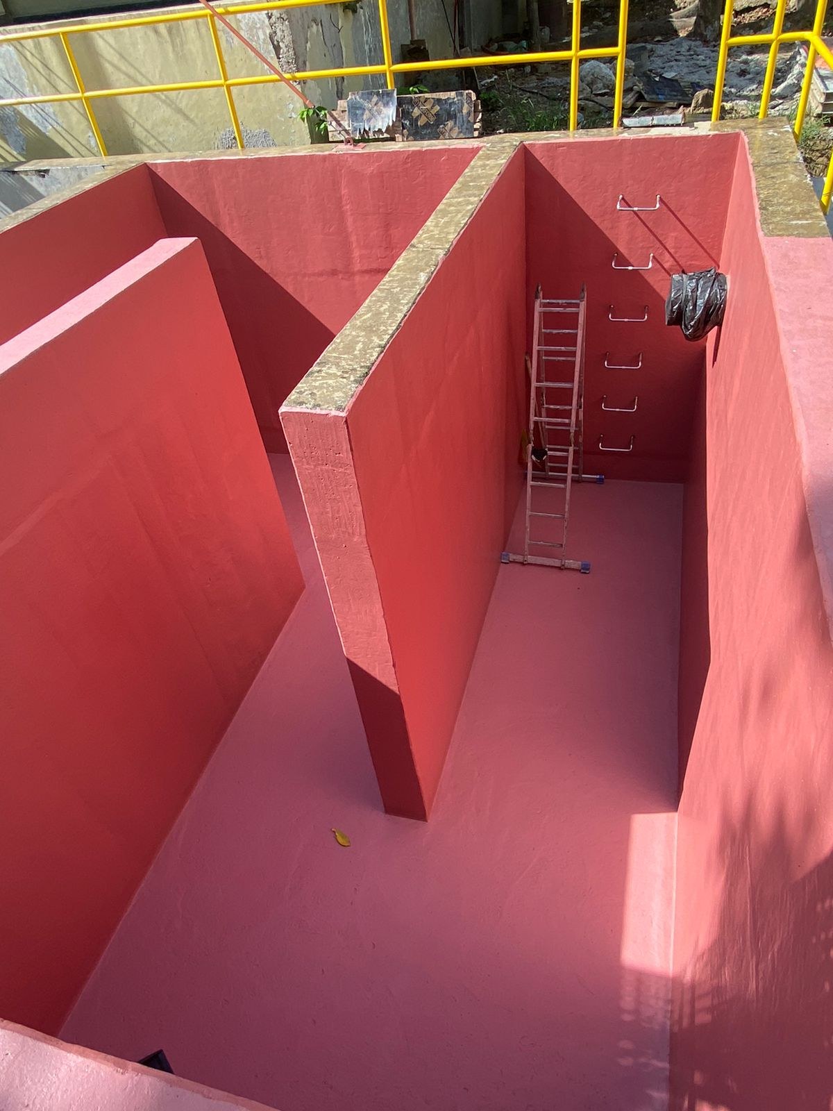 Disinfection tank interior and baffle wall.