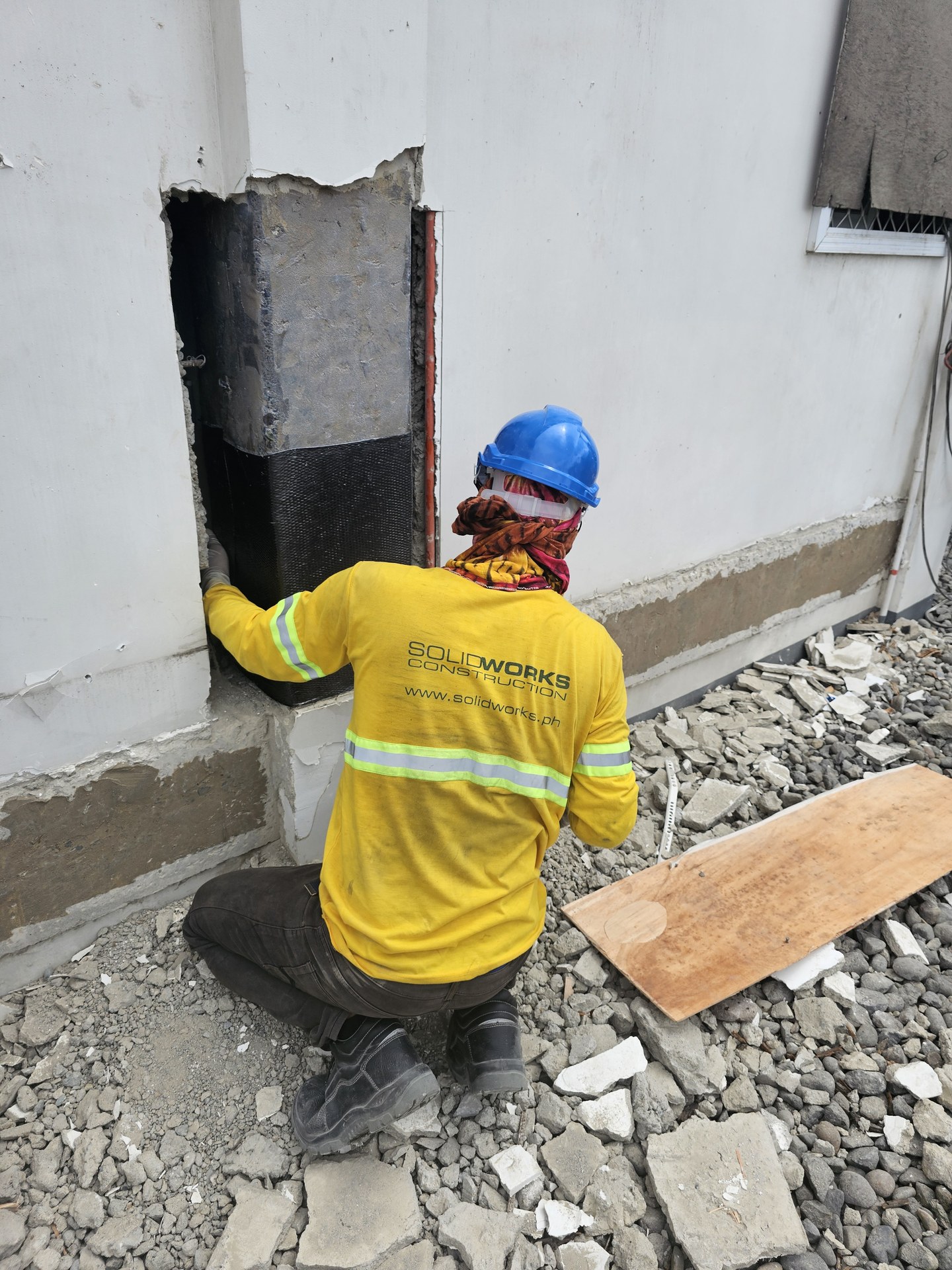 Reinforcement application to a shelter column area.