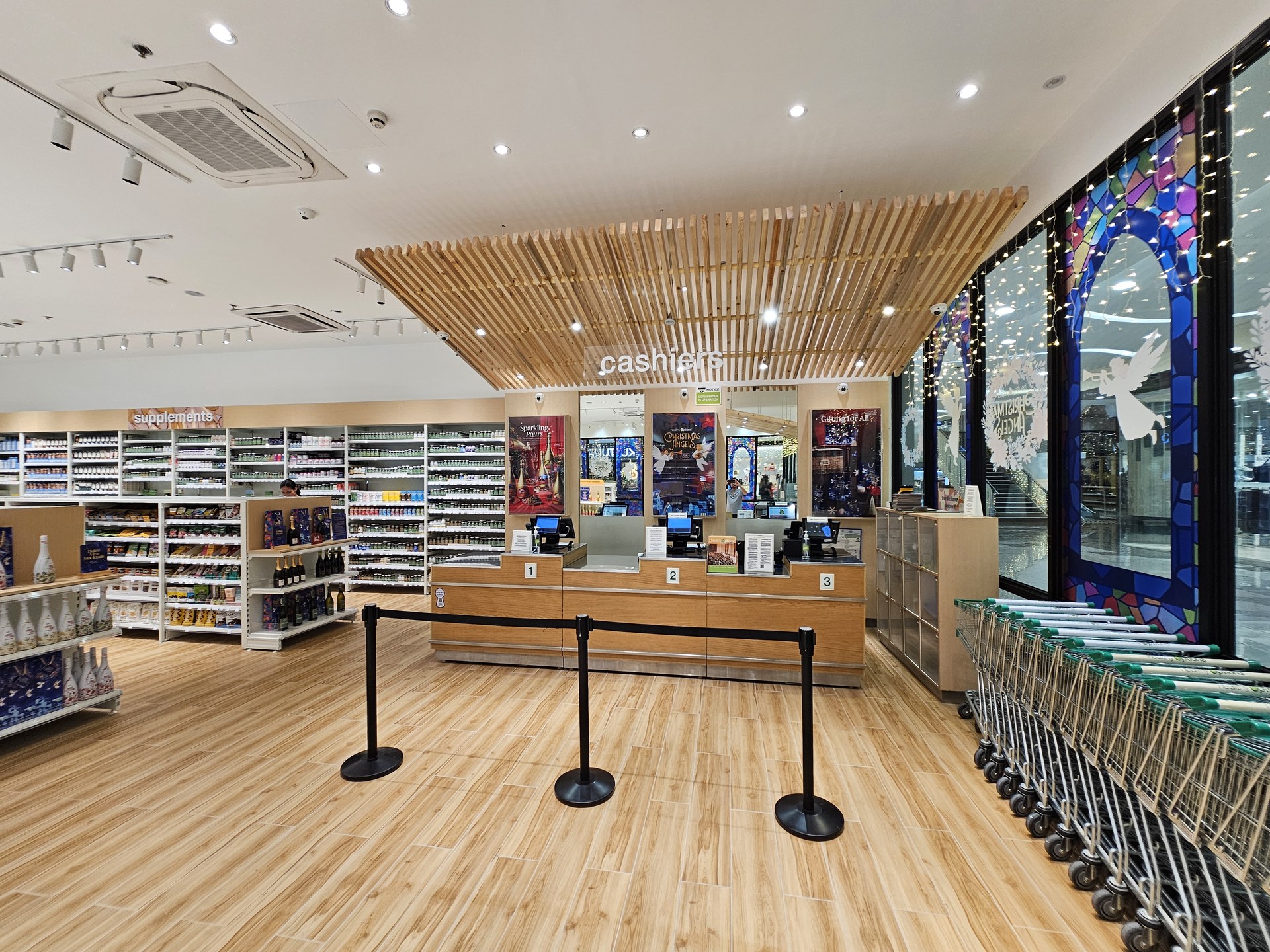 Cashier area and ceiling detail at Healthy Options.